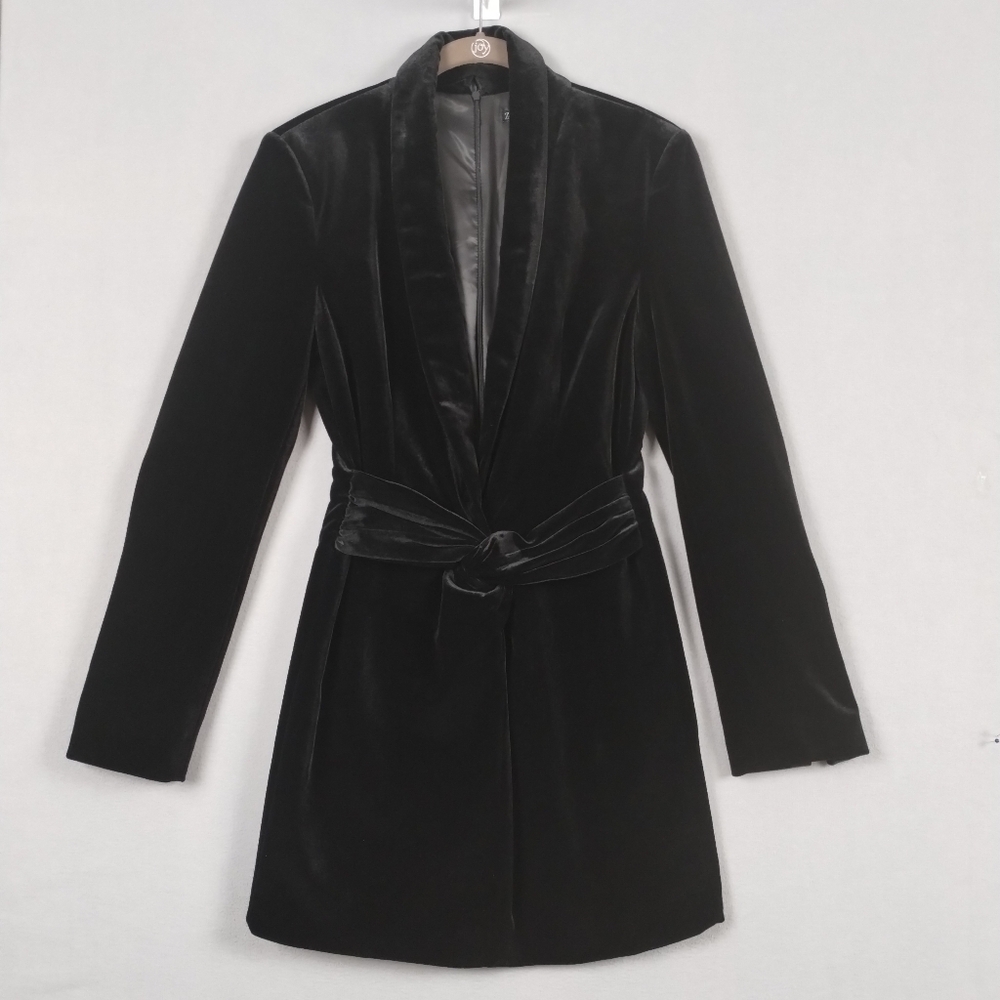 Zara Velvet Mini Dress Deep V-Neck Longsleeve Knot Detail Black Size S